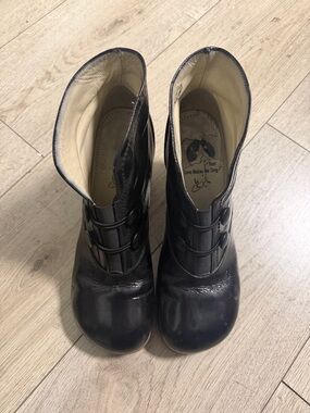 John Fluevog Black Leather Ankle Booties with Button Detail